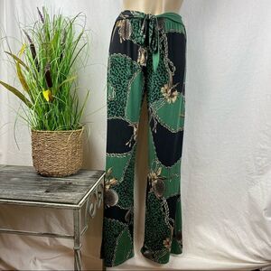 J & SKY Green & Black Print Palazzo Wide Leg High Foldover Waist Pants S